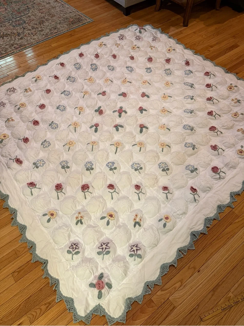 OOAK Handmade White Floral Crochet Appliqué Cotton Comforter Blue Crochet Trim